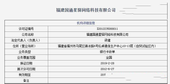 聚合家最新支付牌照 福建国通星驿网络科技有限公司